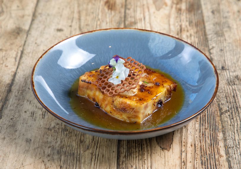 Glazed croissant, pain au chocolat and butter pudding, whisky 
muscovado clotted cream, £8.