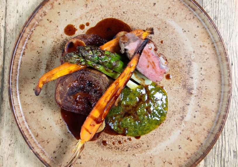 Breast of Boston lamb, wild garlic gnocchi, Lincolnshire asparagus, heritage carrots and mint dressing £24.